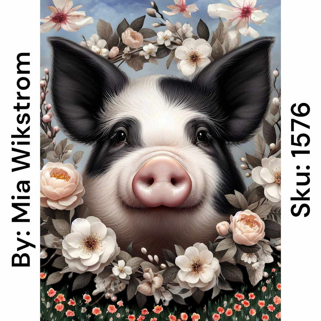 Floral Wreath Pig - Round Drill AB