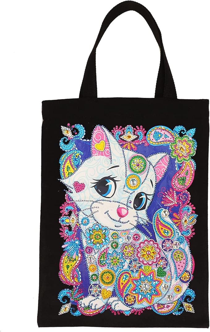 Black Canvas Tote Bag - Colorful Cat