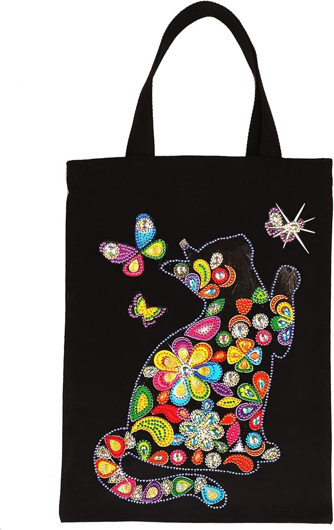 Black Canvas Tote Bag - Floral Cat