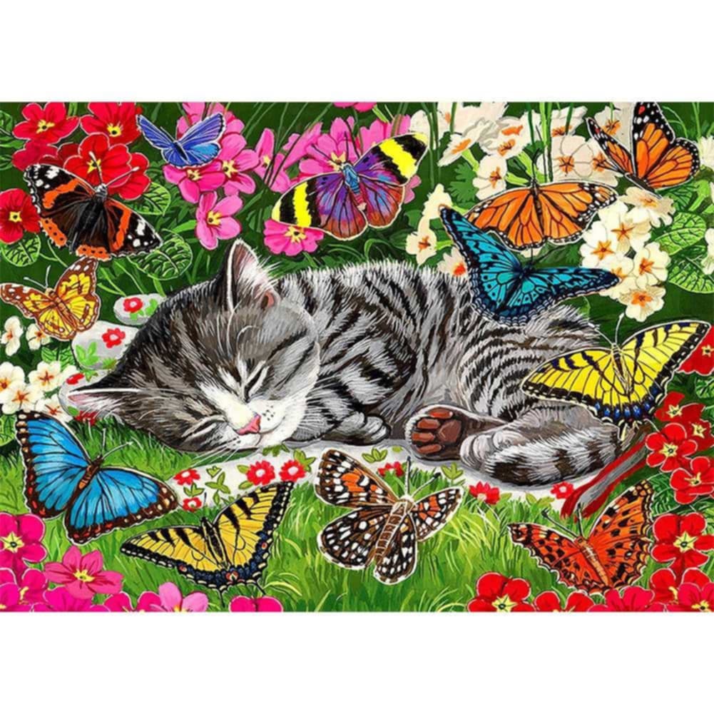 Sleeping Cat with Butterflies - Square Drill AB