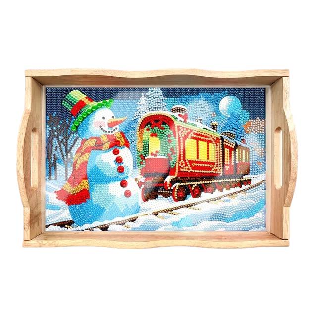 Wood Serving Tray - Snowman & Train