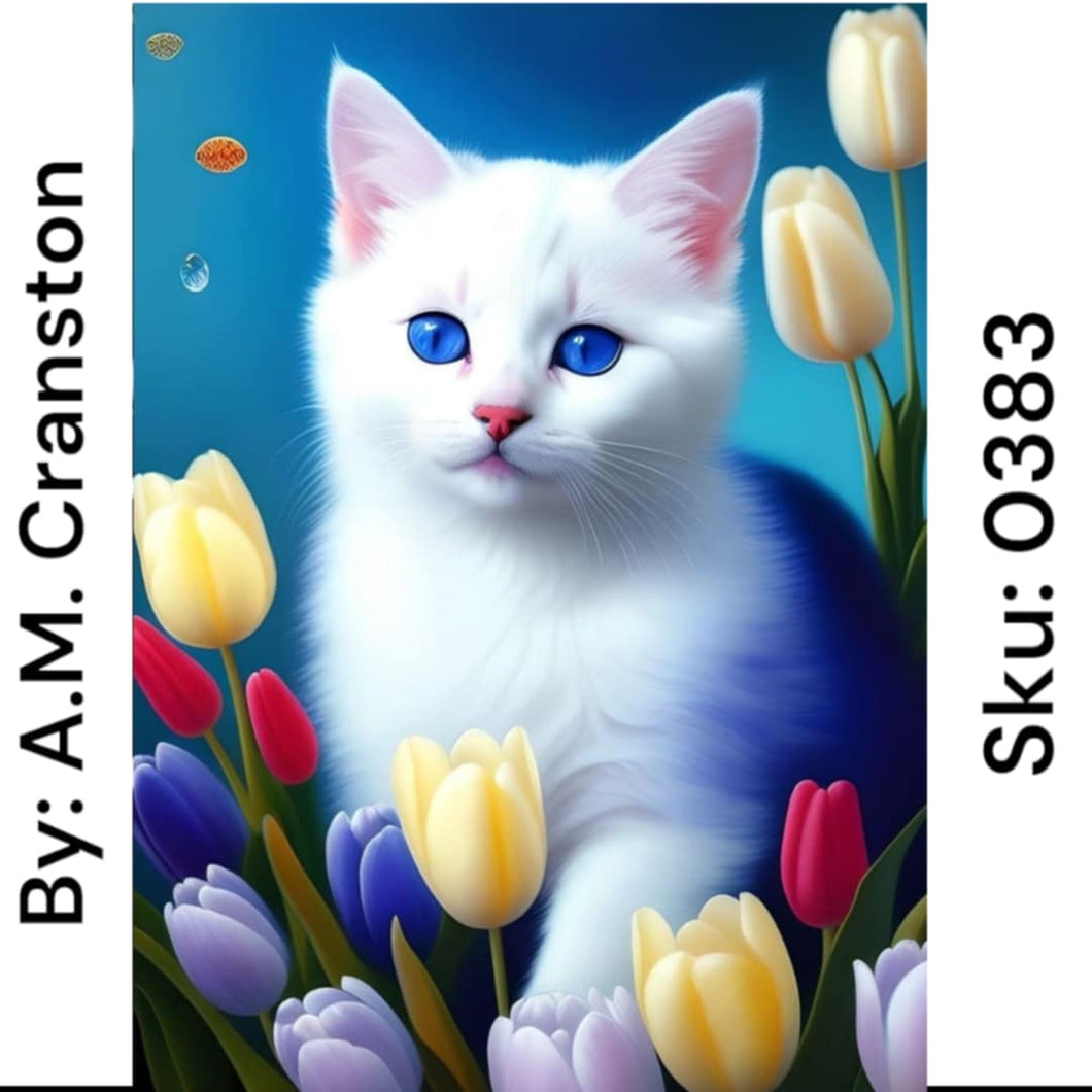 White Cat with Tulips - Square Drill AB