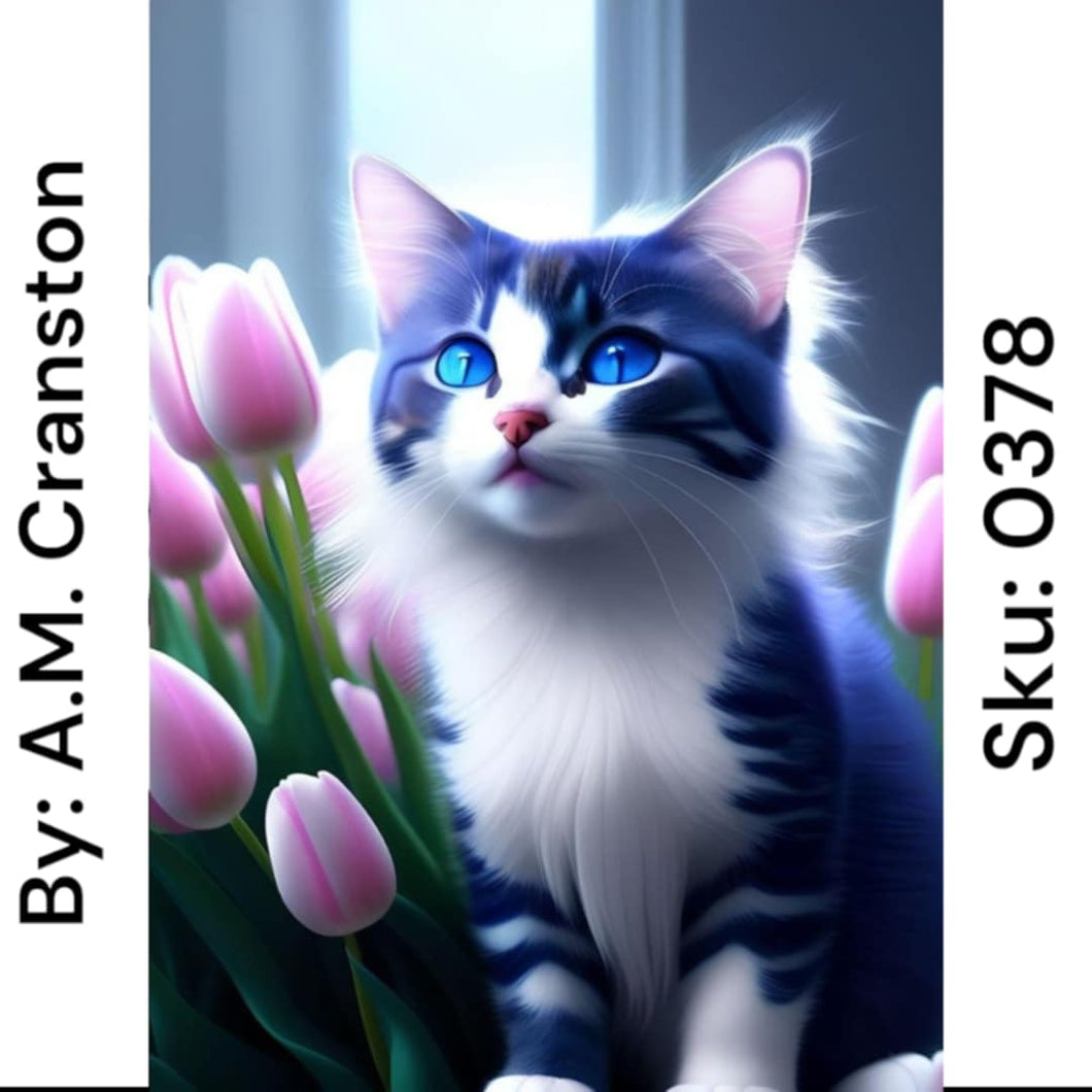 White and Grey Cat with Tulips - Round Drill AB